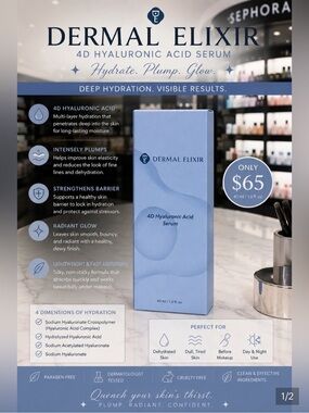 Dermal Elixir 4D Hyaluronic Acid Serum NIB Retail $65